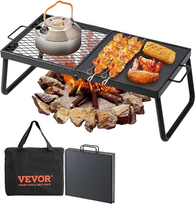 VEVOR Folding Campfire Grill, Heavy Duty Steel Mesh Grate, 22.4" Portable Camping Grates Over Fire Pit, Camp Fire Cooking Equipment with Legs Carrying Bag, Grilling Rack for Outdoor Open Flame Cooking